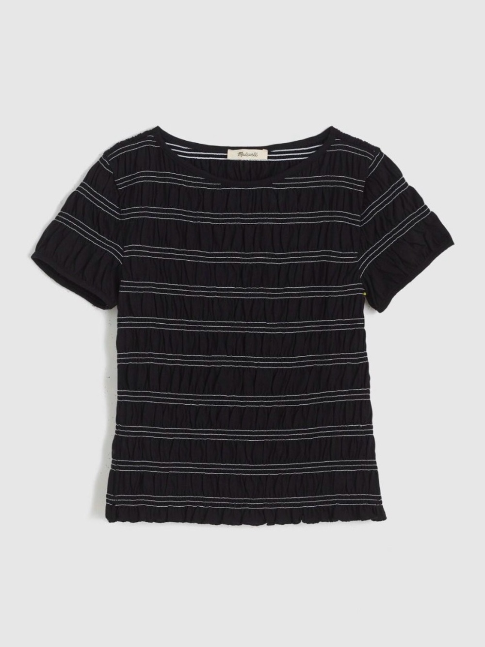 Madewell Smocked Short Sleeve Top Black White Stitching